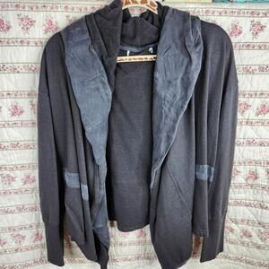 Boutique Suede-Feel Hoodie Open Front Cardigan Drape Gray Contrast Trim Medium